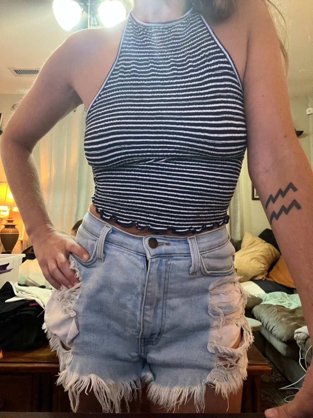 Heart & Hips Navy Blue & White Striped Lettuce Hem Halter Crop Top - Size S